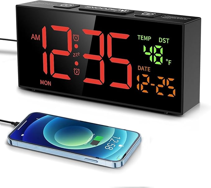 Netzu Alarm Clocks for Bedrooms, Digital Alarm Clock with Date Temperature and Weekday, Manual DST, Snooze, 2 Alarms, 4 Volumes for Living Room Home Bedside Desk