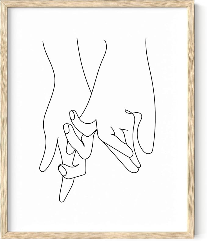 Holding Hands Wall Art Interlocking Fingers Continuous Line Drawing Love Connection 8x10 Inch Oak Wood Beige Framed Modern Romance Print for Bedroom