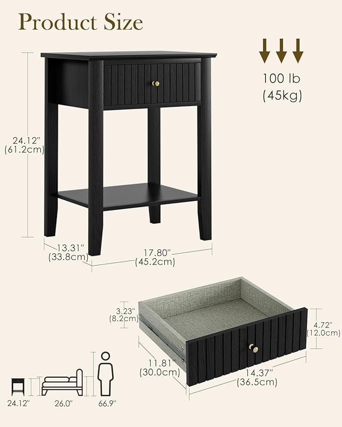 Fluted Nightstand, Farmhouse Night Stand with 1 Drawers, Mid Century Modern Side Accent Table,Bedside End Table for Bedroom, Living Room, Black