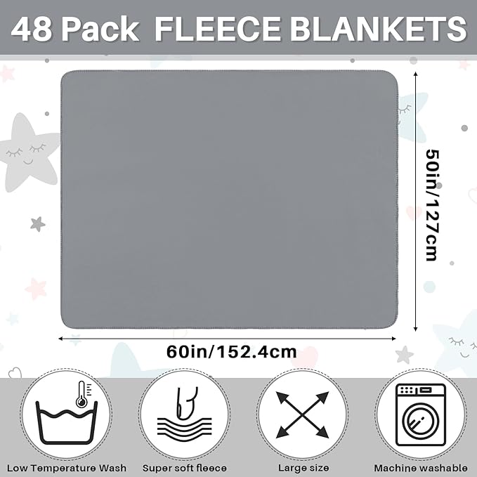 Newwiee 48 Pcs Fleece Throw Blankets Bulk 50'' x 60'' Oeko-tex Standard 100 Certified Spring Outdoor Wedding Guest Blankets Lightweight for Sleepover Donation Lap Pet Sofa Home (Gray)