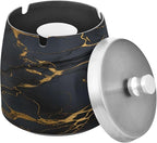 Cool Black Gold Marble Textures Ashtray with Lid, Outdoor Ashtrays for Patio, Stainless Steel Ashtray Odorless Smokeless for Home Office Balcony