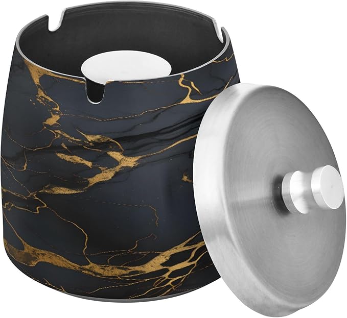 Cool Black Gold Marble Textures Ashtray with Lid, Outdoor Ashtrays for Patio, Stainless Steel Ashtray Odorless Smokeless for Home Office Balcony