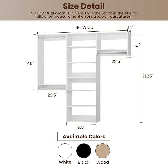 ROOMTEC Modular Closet System, 66" Wall-Mounted Closet Organizer with Hanging Rods, Modern Wooden Tower for Walk-In Closets, Wardrobe Storage Kit, White