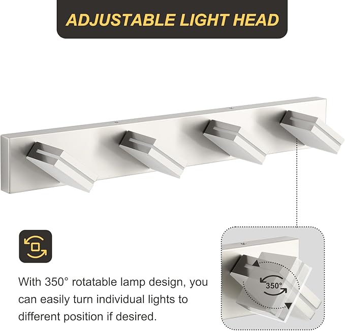 OKELI 4 Lights Bathroom Vanity Light Fixtures Brushed Nickel LED Dimmable Vanity Light Over Mirror Modern Wall Mounted Lighting Fixture, 350° Rotatable Lamp Head 32W Cold White 6000K ETL Listed
