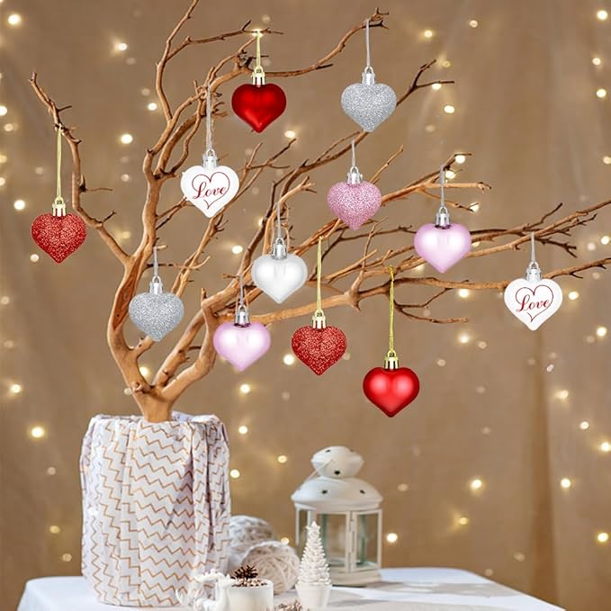 48 Pieces Valentine Heart Baubles Ornaments Valentine's Day Heart Shaped Ornaments for Decoration or Wedding Anniversary Party Supplies, 4 Colors in 8 Styles
