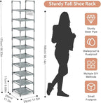 Narrow Shoe Rack 10-Tier Tall Shoe Organizer Skinny Shoe Shelf Storage for 10-15 Pairs Shoe and Boot, Space Saving Corner Shoe Rack Organizer for Closet, Entryway, Living Room, Grey