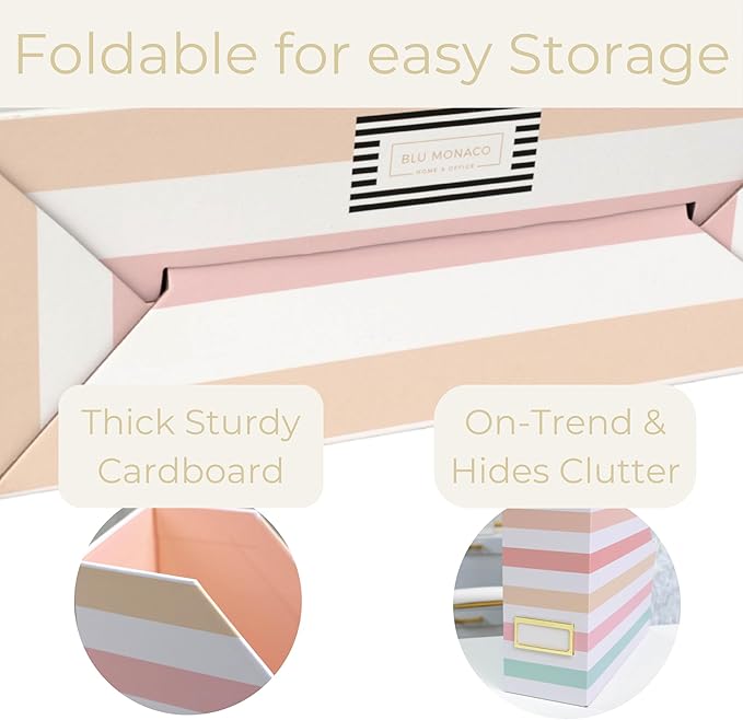 BLU MONACO | Cardboard Magazine File Holder Set of 4 | Vertical Magazine File Holder with Gold Label Slots | Standing File Holder and Cardboard Bins for Shelves Desk Classroom