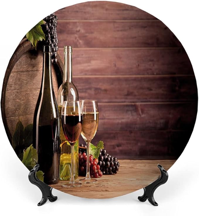 Ceramic Plates, Wine Decorative Ceramic Plates, Still Life of Wine with Wooden Keg Rustic, 8 Inch, Household Plates Decorative, Brown Green Light Brown