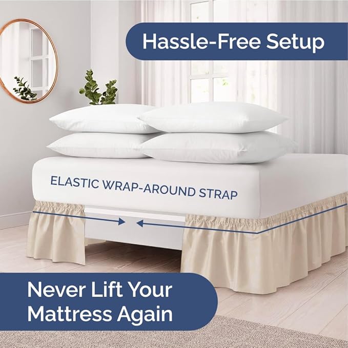Wrap Around Dust Ruffle Bed Skirt - Wheat - for Full Size Beds w/ 15 Inch Drop - Easy Fit Elastic Strap - Adjustable Pleated Bedskirt w/Brushed Fabric - Wrinkle Free - for Women, Men, Kids & Teens