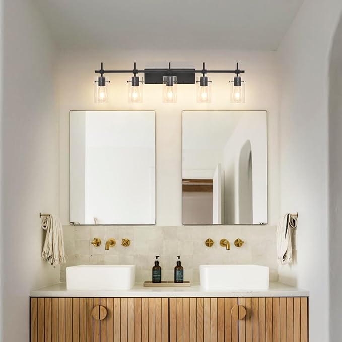 SOLFART Bathroom Light Fixtures Matt Black 5 Lights Vanity Lighting Fixtures Over Mirror Light Fixtures for Bathroom Above Mirror