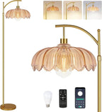 Arc Floor Lamp with 3 Color Temperatures,Gold Floor Lamp with Remote & 3 Color Temperature,Mid Century Modern Standing Lamp with Glass Lampshades,Vintage Tall Floor Lamps for Living Room Bedroom