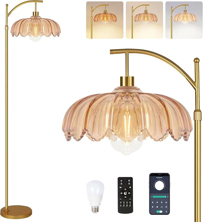 Arc Floor Lamp with 3 Color Temperatures,Gold Floor Lamp with Remote & 3 Color Temperature,Mid Century Modern Standing Lamp with Glass Lampshades,Vintage Tall Floor Lamps for Living Room Bedroom