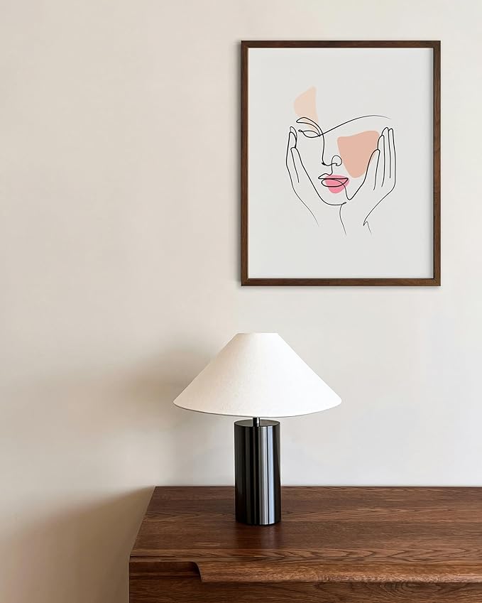Aesthetic Face Wall Art Hands on Cheeks Continuous Line Drawing Abstract Pink Shapes 8x10 Inch Oak Wood Walnut Framed Modern Portrait for Bedroom Vanity