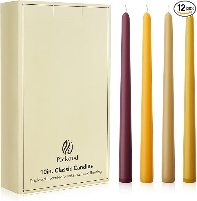 10-Inch Unscented Dripless Taper Candles - Fall Taper Candles Bulk 12 Pack for Dinner - Smokeless, 6-8 Hour Burning - Mixed Candlesticks - Burgundy, Caramel, Blaze, Ochre