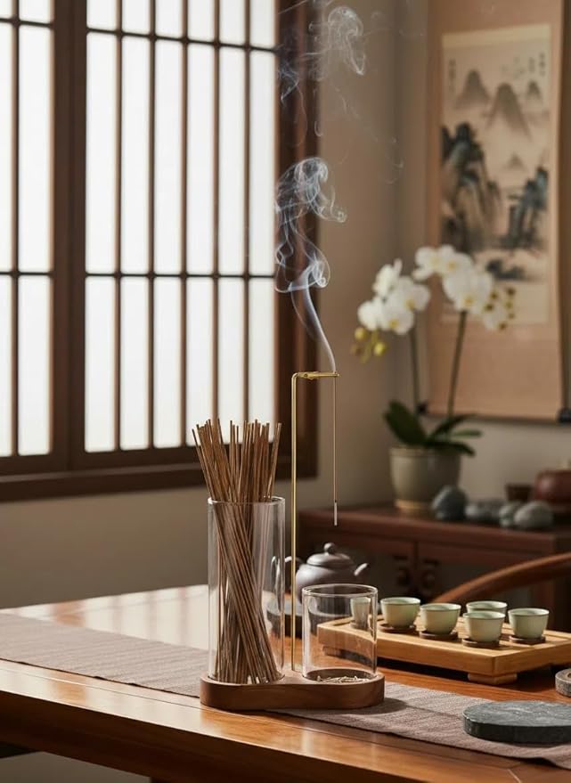 2 in 1 Glass Incense Holder for Sticks, Wooden Base Incense Burner with Metal Brush for Meditation Yoga Spa Office Home Decor Gifts(Brown,Natural Wood Color) (Brown)