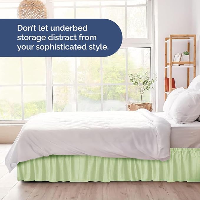 Wrap Around Dust Ruffle Bed Skirt - Light Sage - for King Size Beds w/ 12 Inch Drop - Easy Fit Elastic Strap - Adjustable Pleated Bedskirt w/Brushed Fabric - Wrinkle Free, Women, Men, Kids & Teens