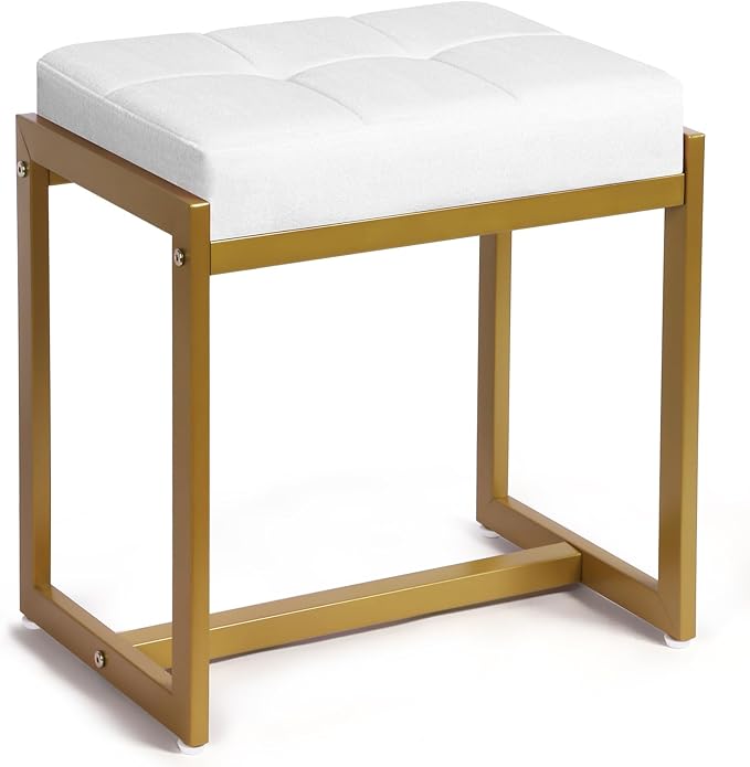 Faux Fur Vanity Stool Chair, Vanity Chair with Gold Metal Leg, Furry Soft Padded Makeup Footstools Seat Ottoman, Modern Chairs for Makeup, Bedroom, Square Small Stool Bench for Vanity White&Gold
