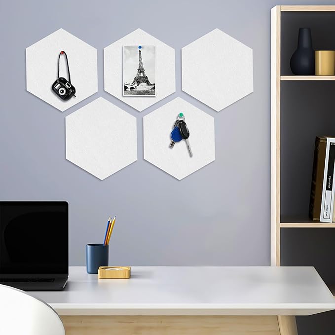 8 Packs White Hexagon Felt Pin Board, 12" Bulletin Board with 30 Push Pins, Felt Board for Home Kitchen Office Decor, Self-Adhesive Corkboard Tiles for Walls School Message Photos Memos
