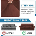 H.VERSAILTEX Sofa Cover 4 Piece T Cushion Sofa Slipcovers Thick Velvet Couch Cover Stretch T Cushion Sofa Covers for 3 Cushion Couch with 3 Individual T Cushion Covers, Burnt Brick