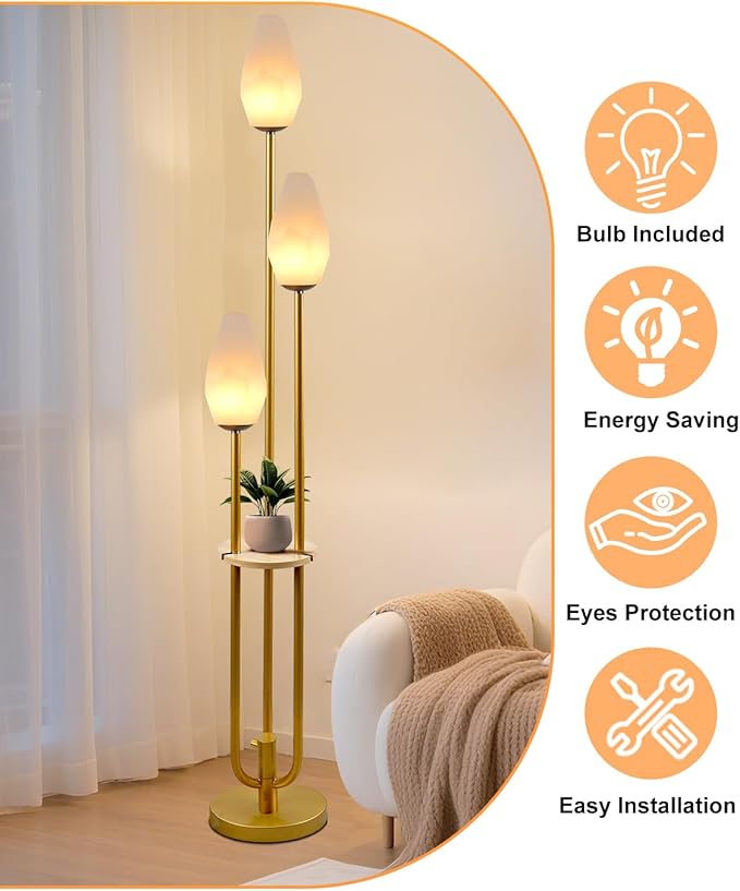 Lightdot Gold Floor Lamp with Tray, 3-Lights Dimmable Floor Lamps with Rock-Shaped Shade, Unique Candle Holder Style Modern Tall Lamp for Living Room/Party/Sofa Beside/Corner Decor(Bulbs Included)