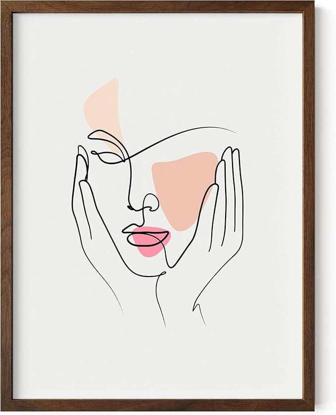 Aesthetic Face Wall Art Hands on Cheeks Continuous Line Drawing Abstract Pink Shapes 12x16 Inch Oak Wood Walnut Framed Modern Portrait for Bedroom Vanity