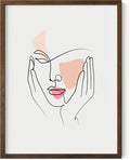 Aesthetic Face Wall Art Hands on Cheeks Continuous Line Drawing Abstract Pink Shapes 12x16 Inch Oak Wood Walnut Framed Modern Portrait for Bedroom Vanity