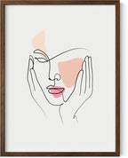 Aesthetic Face Wall Art Hands on Cheeks Continuous Line Drawing Abstract Pink Shapes 12x16 Inch Oak Wood Walnut Framed Modern Portrait for Bedroom Vanity