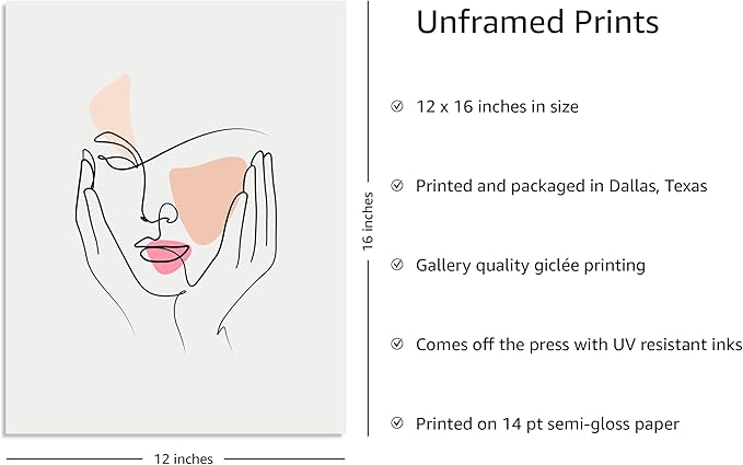 Y2K BOO Aesthetic Face UNFRAMED Wall Art Hands on Cheeks Continuous Line Drawing Abstract Pink Shapes 12x16 Inch Heavyweight Paper Studio Decor