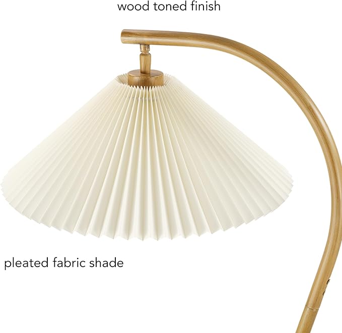 Globe Electric x Novogratz 61000043 62" Floor Lamp, Wood Toned, White Pleated Shade, Pivot Joint on Shade, On/Off Foot Switch, Black Cord, Modern Lighting for Living Room or Office
