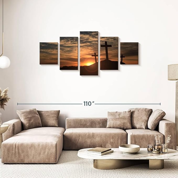 Elephant Stock Cross Silhouettes Wall Art Multi Piece Canvas - 5 Panel Christian Pictures Decor - Digital Design Canvas Print - Christian Wall Decor - 74" X 34"