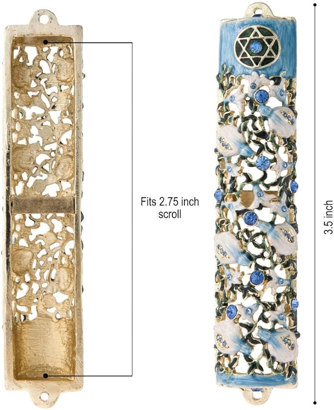 Matashi 3.5" Hand Painted Mezuzah with Scroll - Embellished with Ivy and Flowers Design, Blue Crystals - Jewish Holiday Housewarming Gift and Blessing for Christmas Holiday, Festival