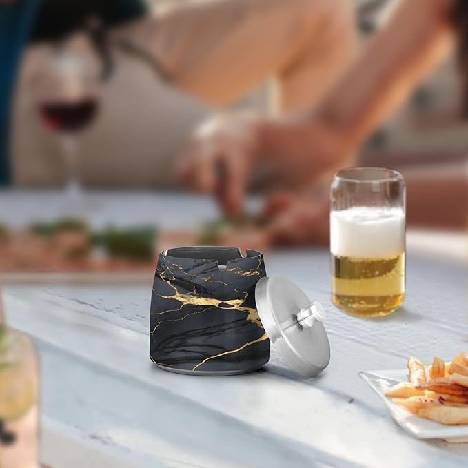 Cool Black Gold Marble Textures Ashtray with Lid, Outdoor Ashtrays for Patio, Stainless Steel Ashtray Odorless Smokeless for Home Office Balcony