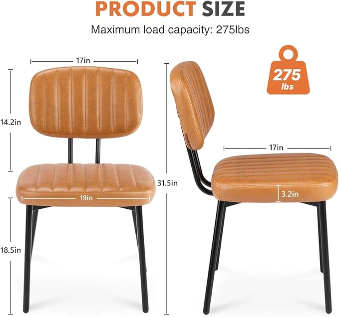 Dining Chairs Set of 2, Mid Century Modern Upholstered Kitchen Chair with PU Leather Cushion Seat & Metal Legs for Home/Living Room/Bedroom/Office-Brown