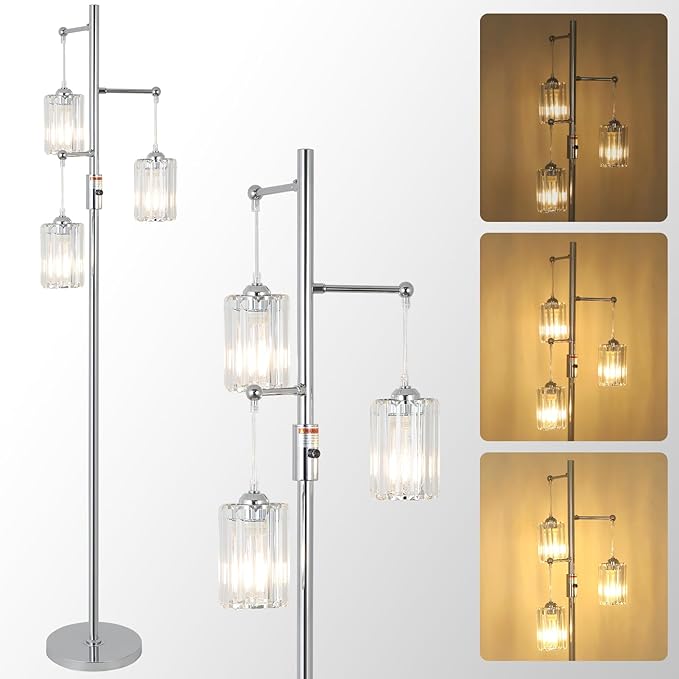 Modern Crystal Floor Lamp for Living Room, 3 Lights Dimmable Standing Lamp, Industrial Silver Tree Lamp with Crystal Shade, Dimmer Switch, 65" Tall Corner Lamp for Bedroom Reading, Chrome