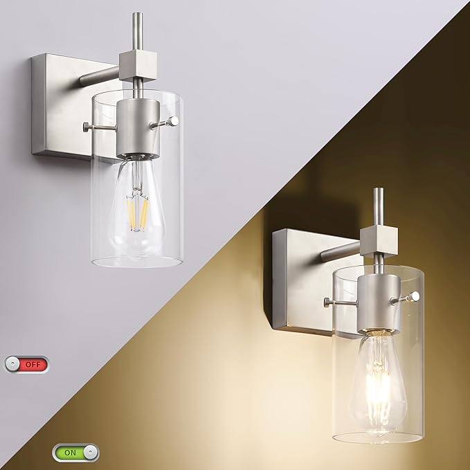 SOLFART 1 Light Vintage Vanity Light Brushed Nickel Bathroom Light Fixture Over Mirror for Bath Glass Shade Wall Light Modern Light Fixture