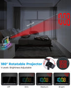 SZELAM Projection Alarm Clock, 7.4 in Digital Mirror Clocks,with 180° Rotatable Projector, RGB Night Light,USB C Charger Port, Auto Dimmer, LED Desk Clock for Bedroom - Black