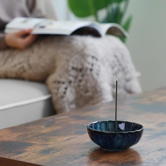 Gift Set: Sandalwood Incense Sticks & Navy Blue Lotus Holder by Asayu Japan