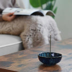 Asayu Japan Lotus Incense Holder for Sticks 4.1 inch (105 mm), Traditional Made in Japan Ceramic Ash Catcher and Brass Incense Burner Set - Navy Dark Blue Lotus