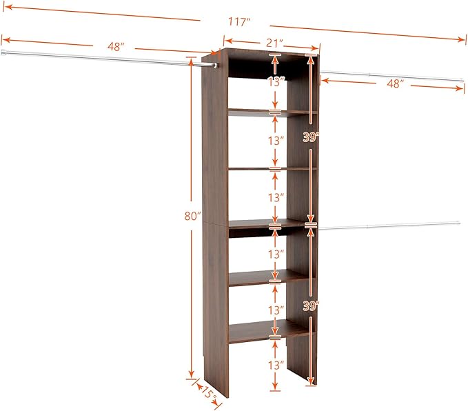 117 inch Large Wall-Mounted Closet Organizer with 5 Storage Shelves and 3 Hanging Rods – Open Wardrobe System (walnut)