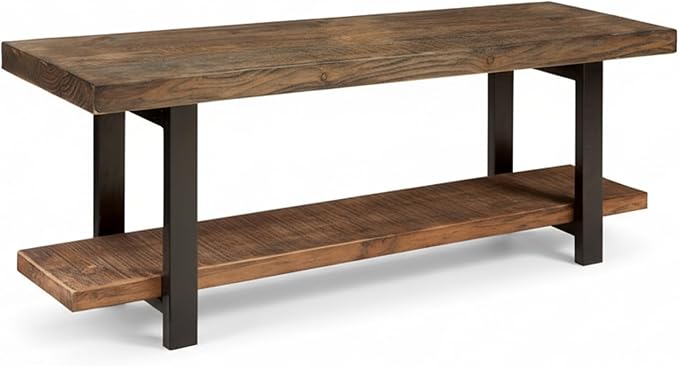 Pomona 48-Inch Entryway Storage Bench with Shelf – Solid Wood and Metal Accent Bench for Shoes, Hallway, Living Room, or Dining Room by Alaterre Furniture (Rustic Natural Finish)