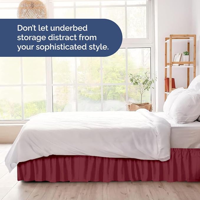 Wrap Around Dust Ruffle Bed Skirt - Burgundy - for Full Size Beds with 18 Inch Drop - Easy Fit Elastic Strap - Adjustable Pleated Bedskirt w/Brushed Fabric Wrinkle Free - for Women, Men, Kids & Teens