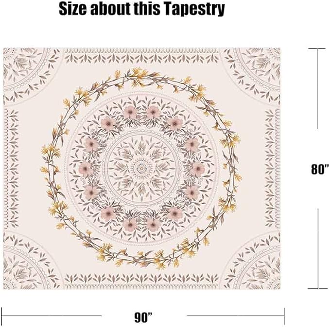 Lifeel White Pink Bohemian Tapestry Wall Hanging, Mandala Floral Medallion Hippie Tapestry with Light Brown Aesthetic Wreath Design, Cream Wall Decor Blanket for Bedroom Home Dorm, XLarge 80×90 inches