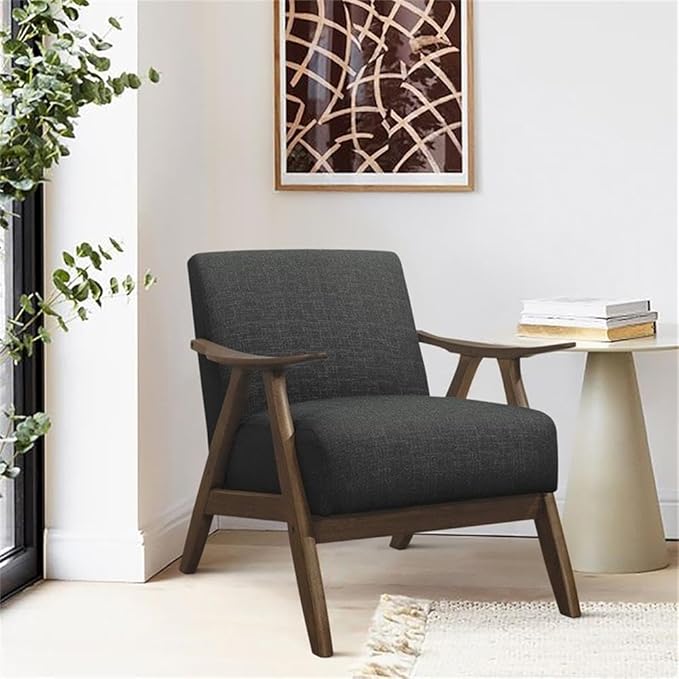 Lexicon Mid Century Modern Accent Chair with Solid Wood Frame in Walnut Finish, Upholstered Living Room Lounge Arm Chair, Thick and Comfy Innerspring Seat Cushion, Linen-Look Fabric, Dark Grey