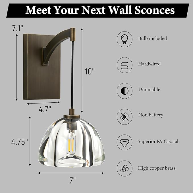 Crystal Brass Dome Wall Sconce - Luxury Antique Brushed Lighting Fixture with K9 Crystals Cloche - Dimmable Indoor Hanging Light - Modern Gold Sconces for Bathroom Bedroom Living Room Stair
