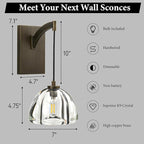 Crystal Brass Dome Wall Sconce - Luxury Antique Brushed Lighting Fixture with K9 Crystals Cloche - Dimmable Indoor Hanging Light - Modern Gold Sconces for Bathroom Bedroom Living Room Stair