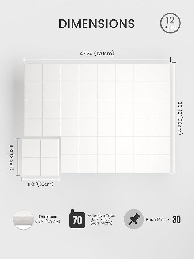 Bumusty Large Felt Bulletin Board, 48" x 36" Cork Board Alternative, 12-Pack Wall Tiles with 4-Compartment Design, 30 Push Pins, 70 Adhesive Tabs, Ideal for Office & Home Decor, Milky White