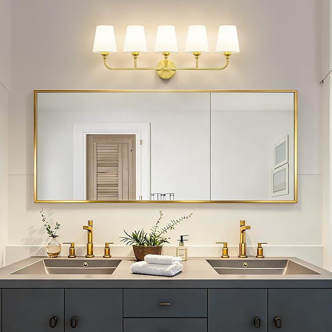 Kvhilw Bathroom Vanity Light, Brushed Gold Bathroom Light Fixtures, 5-Light Lighting Fixtures Over Miror, Modern Wall Sconce with Flared White Fabric Shade, E26 Socket(ETL Listed)