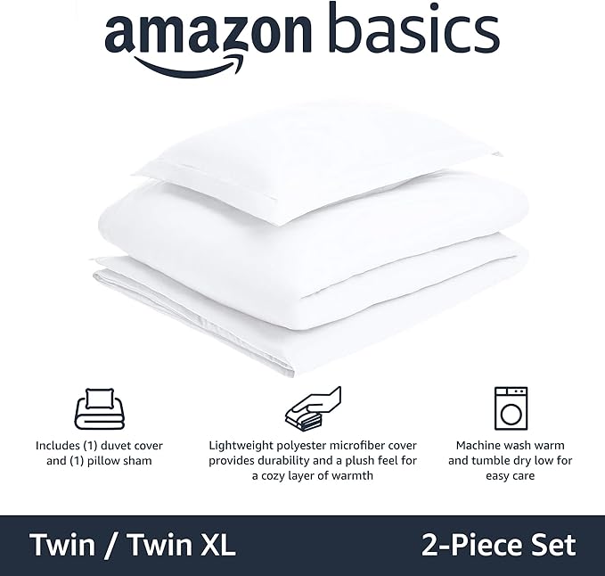 Amazon Basics Lightweight 2 Piece Microfiber Duvet Cover Set with Zipper Closure, Twin/Twin XL, Bright White, Solid (Pack of 4)