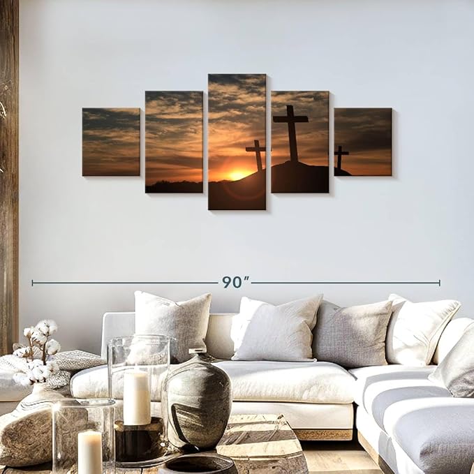 Elephant Stock Cross Silhouettes Wall Art Multi Piece Canvas - 5 Panel Christian Pictures Decor - Digital Design Canvas Print - Christian Wall Decor - 68" X 30"