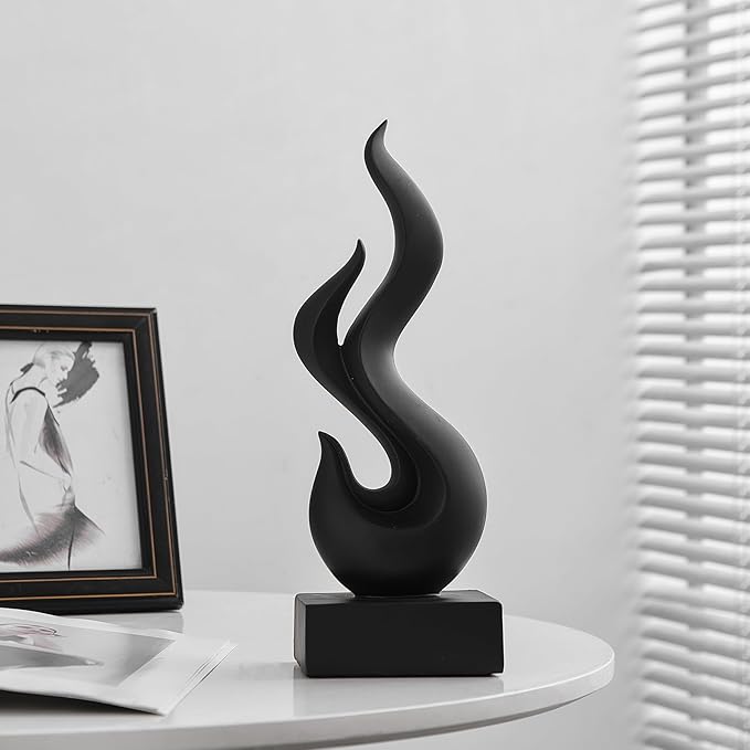 Modern Abstract Art Table Decoration, Gold Decor Flame Statue for Living Room Home, Black Shelf Decor Accents, Abstract Art Resin Sculpture for Dining Room, Office & Coffee Table Centerpiece (Black)